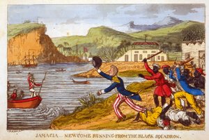 "Newcome på flugt fra den sorte eskadre", plade fra "The Adventures of Johnny Newcome in the Navy" af John Mitford (1782-1831) (farvet akvatint)
